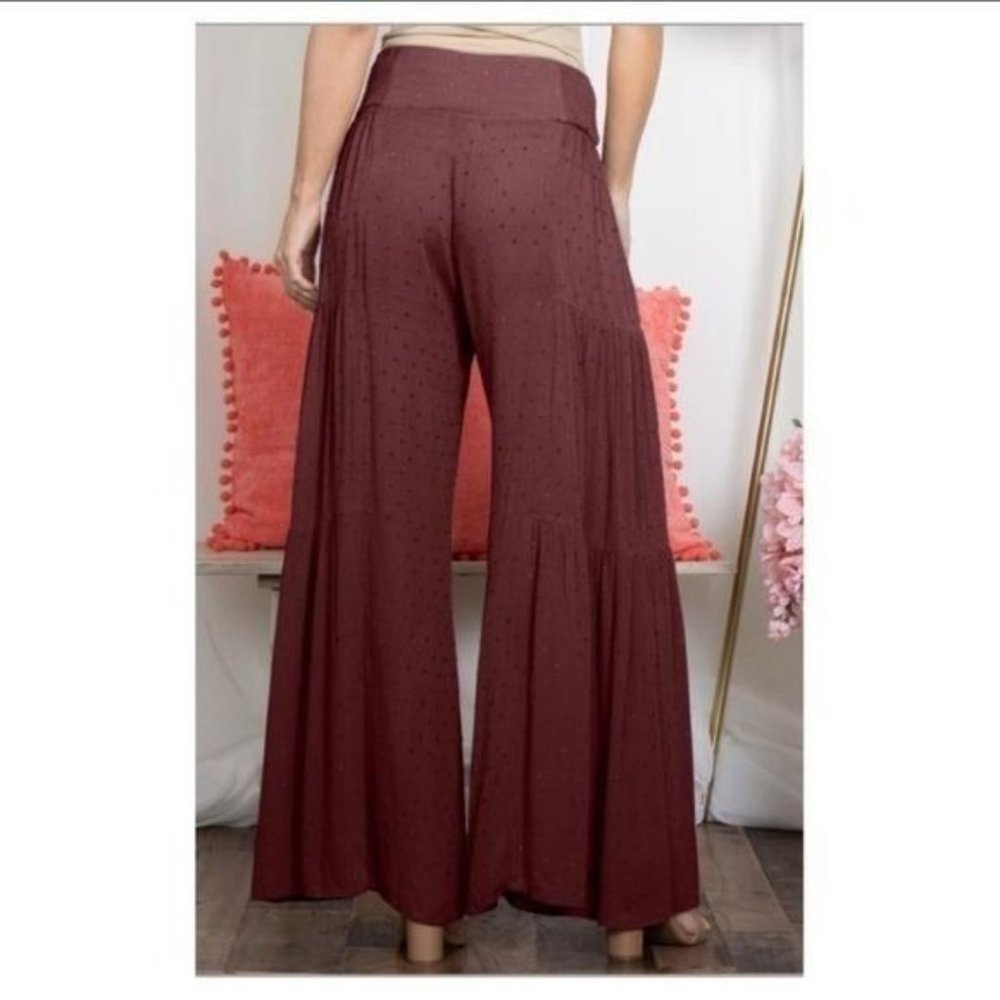 🧡6/$25🧡DARK PLUM HIGH WAIST SWISS DOT PALAZZO PANTS-NEW - Picture 4 of 5